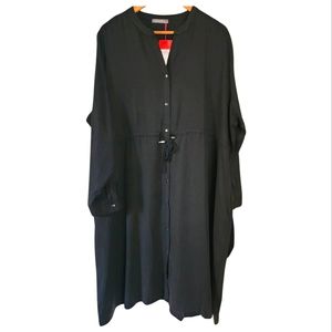 Plus-size black collarless dress with long-sleeve and snap closures. Size 24/26